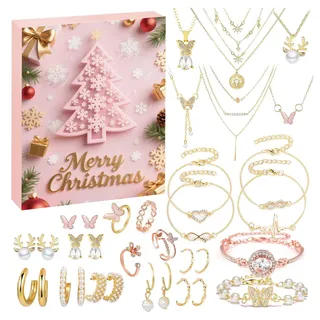 Adventskalender mit Schmuck für Frauen,2025 Frauens Weihnachtskalender, 24 tolle Mode Schmuckkalenders,Armbänder, Halsketten, Ringe und Ohrringe für Ihre Fraus,Mutter oder Freund