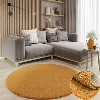 MY-RUG Shaggy Star Teppich Rund 100 cm - Senfgelb Hochflor Kuschelteppich