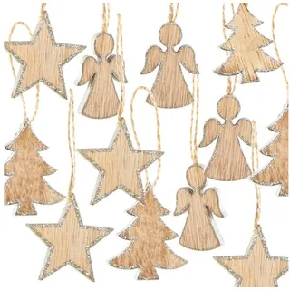 Logbuch-Verlag Baumbehang 2 x 12 kleine Holz Weihnachtsanhänger 5 cm BAUM ENGEL STERN natur grau|silberfarben