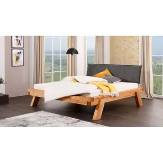 Massivart® Massivholzbett Balkenbett BÖRJE / Kiefer geölt und gebeizt, Farbe Eiche-Honig / Polsterkopfteil anthrazit beige