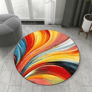 ARUGYTEI Teppich Rund, ø 140 cm, weich Kurzflor Teppiche fürs Wohnzimmer Schlafzimmer Esszimmer Küche Flur Zimmer,Modernes Design, Rot, Orange, Gelb, Blau, Schwarz, bunt,
