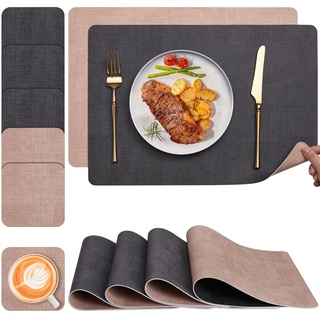 Myir JUN Tischsets Abwaschbar und Untersetzer 6er Set, Leder Platzsets Abwaschbar Doppelseitig Bedruckt Kunstleder Schmutzabweisend & rutschfest, Platzdeckchen Abwischbar mit Lederoptik für Esszimmer