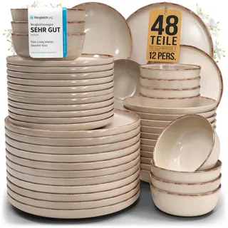 PURE LIVING INTERIOR DESIGN Geschirr-Set Pure Living Geschirr-Set »Rustic« (48-tlg), 12 Personen, Steingut, Be, 12 Personen, Steingut, Mediterrane Handwerksoptik, Reaktive Glasur – jedes Stück einzigartig... beige