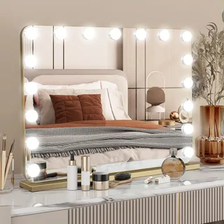 YU YUSING Hollywood Schminkspiegel mit Beleuchtung 80x60cm, 18 LED-Licht | Kosmetikspiegel 3 Modi, Vanity Spiegel Tischspiegel Wandspiegel mit USB 10X Vergrößerung für Schlafzimmer Schminktisch, Gold