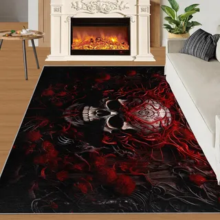 SANSJI Horror Blood Skull Teppiche für Schlafzimmer, 100 x 200 cm, blutiges rotes Gothic-Design, rutschfest und waschbar, Skelettkunst, Innenteppich, weiche Geräuschreduzierung, Halloween-Thema