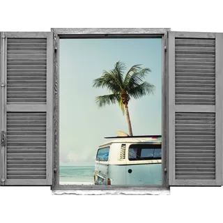 queence Wandtattoo Auto am Meer (1 St), Wandsticker, Wandbild, selbstklebend, 3D, Fenster blau
