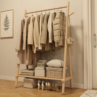 AQIMUELE Kleiderständer, Mobiler Garderobenständer aus Massivholz, Garderobe, Kleiderablage, mit Stange, Regal und 4 Haken, Einfache Montage, für Schlafzimmer und Garderobe (Naturholz - mit Rollen)