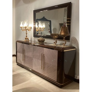 Casa Padrino Luxus Möbel Set Dunkelbraun / Grau / Gold - 1 Sideboard mit 4 Türen & 1 Wandspiegel - Luxus Hotel Möbel