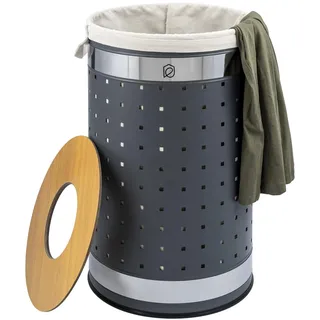 ELUNO runde Wäschetonne, Wäschekorb, Wäschesammler mit waschbarem Wäschesack und abnehmbaren Deckel, 50 Liter Fassungsvermögen für Schlafzimmer, Badezimmer, Wäscheaufbewahrung aus Metall (Grau)