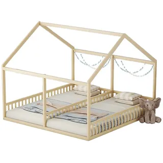 Flieks Kinderbett, Massivholz Einzelbett Doppelbett Hausbett 90x200cm 2 Liegefläche beige