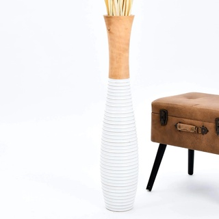 Leewadee Große Bodenvase für Dekozweige hohe Standvase Design Holzvase, Holz, 90 cm, Ecru White