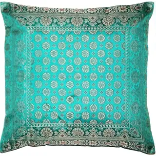 Ruwado Handgefertigt Türkis-Grün Dekokissen aus Indische Banarasi Seide - 40 cm x 40 cm | 16 x 16 Zoll. ***Handgewebt und handgenäht von Kunsthandwerkern aus Kaschmir-Indien (Türkis-Grün)
