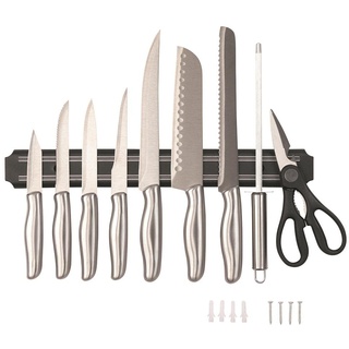 Messer-Set 10-teilig, aus hochwertigem Edelstahl, umfangreiches Messerset inkl. Schere und Messer Schärfer, mit Magnetleiste, scharfe Messer für Ihre Küche, Silberfarbig