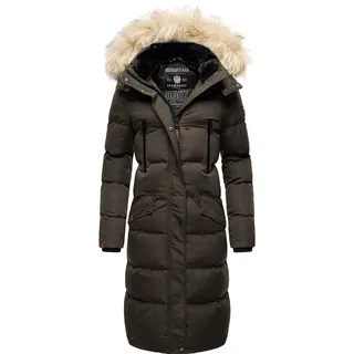 MARIKOO Damen Wintermantel warmer Steppmantel lang mit abnehmbarem Kunstfell und Kapuze Schneesternchen Anthracite Gr. XL - XL