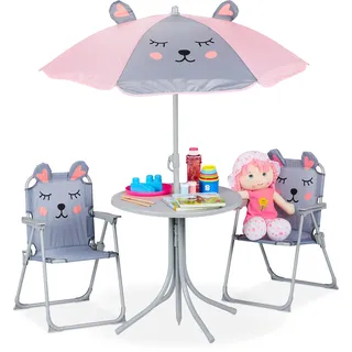 Relaxdays Camping Kindersitzgruppe, mit Sonnenschirm, Klappstühle & Tisch, Maus Motiv, Garten, grau,