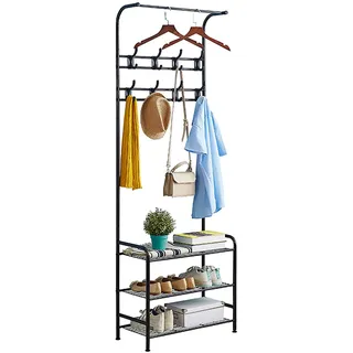 Garderobenständer Schuhbank mit 16 Haken, Metallgarderobe Hutablage Freistehender Kleiderständer mit 3 Ebenen Schuhregal Bank, 3-in-1 Flur Baum mit Metallrahmen, einfache Montage
