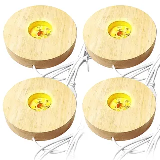 4 Stück Holz LED Lichtsockel: LED Holzsockel, 3 Farben Holzbeleuchtung Einstellbar Holz LED Lichtsockel, Rund LED Leuchten Display Basis für Display Kristall Glas Acryl Schmuck Harz