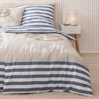 termana Anker Bettwäsche (2 - teilig 155x220 Moin Moin) Maritime Bettwäsche-Set 80x80 + 155x220 cm in Übergröße