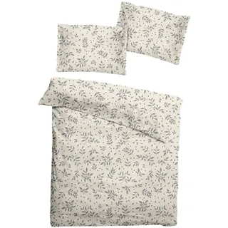 JACK Fein Biber Bettwäsche Baby 2 TLG. 100x135cm Floral Neutrale Natur Weiß Grau mit Reißverschluss