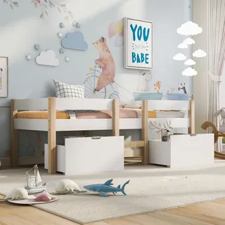 Flieks Kinderbett mit Rausfallschutz und Lattenrost, Kiefernholzbett Hochbett 90x190 cm mit 2 Schubladen, Weiß - Weiß