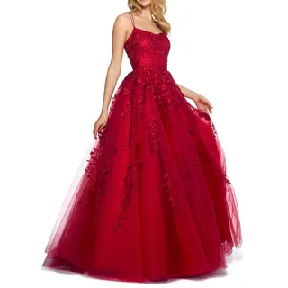 RUNBOO Damen Lang Tüll Prinzessin Ballkleider mit Appliques Spaghetti Rückenfrei Größe 32 Weinrot - 32