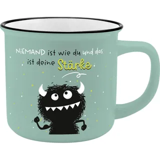 H:PPY life Tasse Monster mit Spruch Stärke | Becher mit schwarzem Trinkrand, 35 cl, Höhe 8,4 cm | lustiges Geschenk, für Freunde | 74161