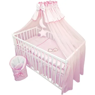 Bello24 - 13 Teiliges Babybett Kinderbett und Bettwäsche komplett Set Timmi inkl. Matratze höhenverstellbar für Neugeborene Babys und Kleinkinder aus Massivholz Bestickt (Teddybär Mond Rosa)