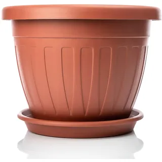 BigDean 50cm Blumentopf mit Untersetzer rund Terracotta - wetterfester Pflanzkübel - Wasserablauf UV-beständig aus bruchsicherem Kunststoff - Innen + Außen geeignet - Made in Europe