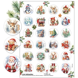 TOBJA Adventskalender Zahlen Aufkleber - 24 Sticker Zahlenaufkleber 1-24 Weihnachten | Niedliche Adventsaufkleber für besondere Momente | Adventkalender Sticker (bunt)
