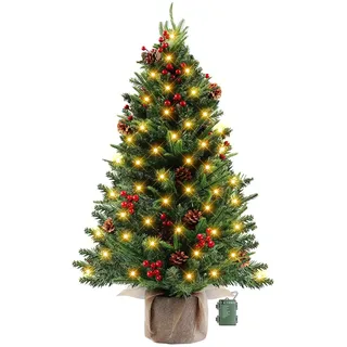 MaxEarn Mini Weihnachtsbaum 60cm mit 60 LED Beleuchtung, Kleine Künstlicher Weihnachtsbaum mit 100 Zweigen, Beeren und Tannenzapfen, PE Naturgetreu Tannenbaum für Innen und AußEn Weihnachten Deko