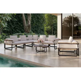 PLOSS Reverie Light Gartenlounge, creme/anthrazit/natur, Aluminium/Polyester/Glas, 80 x 80 cm, Holzdekor, inkl. Sessel