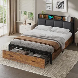AODEMOKOBett 160x200 cm, Metallbett Bettgestell mit Ladestation und 2 Schubladen, Schwarz + Vintage Braun - Schwarz/Braun