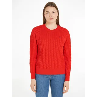 Rundhalspullover TOMMY HILFIGER "CO CABLE C-NK SWEATER" Gr. XXL (44), rot (hellrot) Damen Pullover Feinstrickpullover mit Zopfmuster