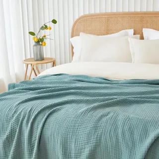 EMME Musselin-Decke 230x230 Baumwolle Oeko-TEX Erwachsene Tagesdecke,Türkis | Sommer-Überwurf Decken Für Bett Atmungsaktive Gaze-Decke Ganzjährig Weich & Leicht Vorgewaschene Baumwolldecke Bettdecke