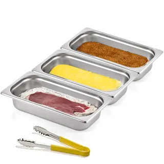 Morleos 3x Panierschalen + Gelbe Zange | GN 1/3 Edelstahl Metall Schalen je 32,5 x 17,6 x 6,5 cm | Volumen: 7,5 Liter | Panieren & Marinieren Fleisch, Schnitzel | 0,7 mm dick