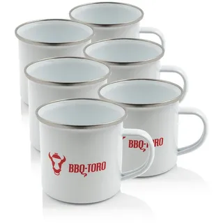 BBQ-Toro Geschirr-Set Emaille Tasse (6 Stück), 350 ml, Emaillebecher für Camping, Stahl, Edelstahl weiß