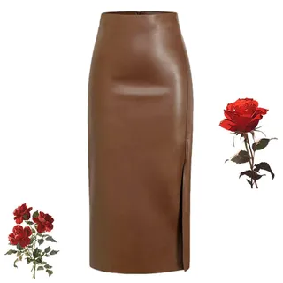WXDTW Lange Lederröcke für Damen, Winter, lang, schwarz, Lederrock mit hoher Taille, Schlitz, Kunstleder, sexy A-Linie, figurbetonte Röcke, braun, L - L