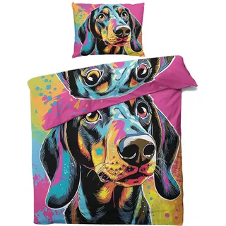 MOBEITI Dackel Bettwäsche 135x200, Bunte Hund Motiv Wendebettwäsche, Weiche Kuschelige Mikrofaser Bettbezug Set 2teilig, 1 Kissenbezug 80x80, mit Reißverschluss - Hundemotiv 03