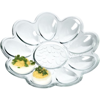 KADAX Eierteller aus Glas, ⌀ 21,5 cm, praktischer Teller für Eier, Eierhalter, robuste Eierablage, Eierplatte, Eierbehälter, Eiertablett, Eierspender (Blumenforme, transparent, 9 Eier)
