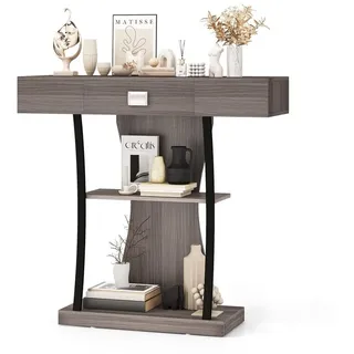 COSTWAY Konsolentisch, Schmal mit Schubladen & Ablagen, Flurtisch Holz grau 91 cm x 88 cm x 30 cm