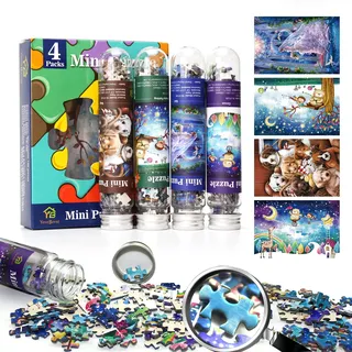 Mini-Puzzles für Erwachsene 4er-Set – je 150 Teile herausfordernde Mikropuzzles, Reagenzglas-Kleinpuzzles, tragbare Taschenpuzzles für Reisen, je 10×15 cm