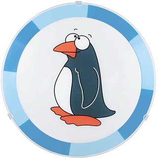 Kinderzimmer Deckenleuchte Pinguin Deckenlampe Kinder blau Kinderleuchte Wand Decke, Stahl Glas, 1x LED 11W 1055Lm warmweiß, D 25 cm