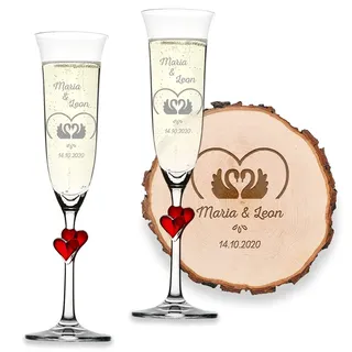 polar-effekt Personalisiertes Geschenkset 1x Baumscheibe 16-19 cm und 2x Sektgläser 3-TLG - Hochzeitsgeschenk Sektglas-Set graviert - Geschenkidee für Paare und Ehepaare - Motiv Schwan