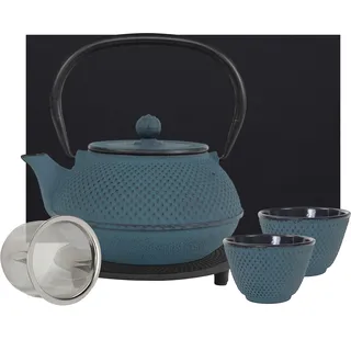teeblume | gusseiserne Teekanne Arare Set | Gusseisen-Teekanne mit Sieb | inkl. Untersetzer, 2 farblich zur Kanne passenden Bechern & Geschenke-Box | innen komplett emailliert | blau | 900ml