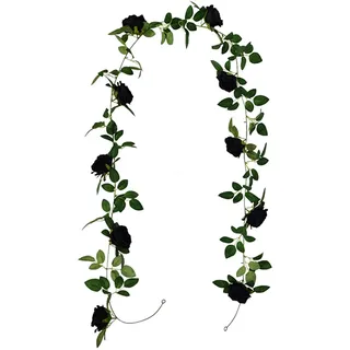 JFBUCF 2,5 m Künstliche schwarze Rose Rebe, Künstliche Eukalyptus Girlande mit schwarzen Rosen, hängende Blumengirlande für Halloween Home Party Hochzeit Hintergrund Dekor
