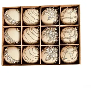 12 Stück Samt beflockte Weihnachtskugeln mit Diamant-Pailletten zum Aufhängen an Bäumen, Kränzen, Hochzeiten und Partys (beige)