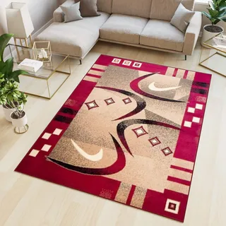 TAPISO Atlas Teppich Kurzflor Vierecke Streifen Bumerang Rot Beige Schwarz Bordüre Schlafzimmmer Wohnzimmer Vintage Modern ÖKOTEX 80 x 150 cm