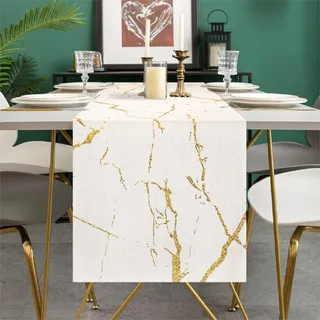 Tischläufer Frühlings Sommer Moderner Weißer Marmor Goldene Textur Tischdecke für Party Hochzeit Küche Wohnzimmer Dekorativer Tischläufer Leinen 40 x 140 cm