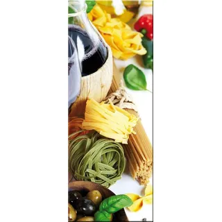 artissimo Glasbild Küche 30x80 cm Küchenbild modern: Pasta mit Oliven mediterran AG9405A – Wandbild Küche Hochformat schmal, Küchendeko gelb grün italienisch