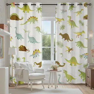 Tyafsgvqo Jurassic Dino Verdunkelungsvorhange 2er Set, Niedlich Dinosaurier Vorhänge Wohnzimmer 137x117 cm Cartoon Tiermotiv Gardine Blickdicht Schallschutz Thermovorhang mit Ösen Fensterdekoration